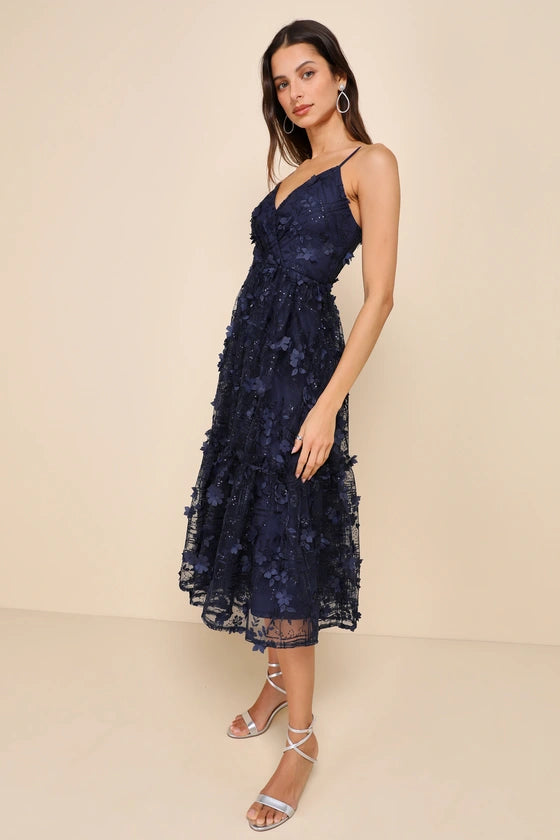 Springtime Soiree Navy Black Sequin 3d Applique Midi Dress