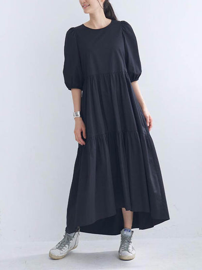 Half Sleeves Puff Sleeves Breathable See-through Color Round-neck Midi Dresses