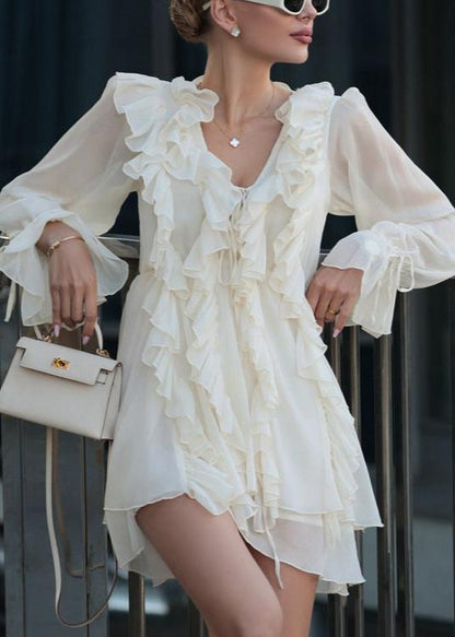 Ruffled V-neck Long Sleeve A-line Dress