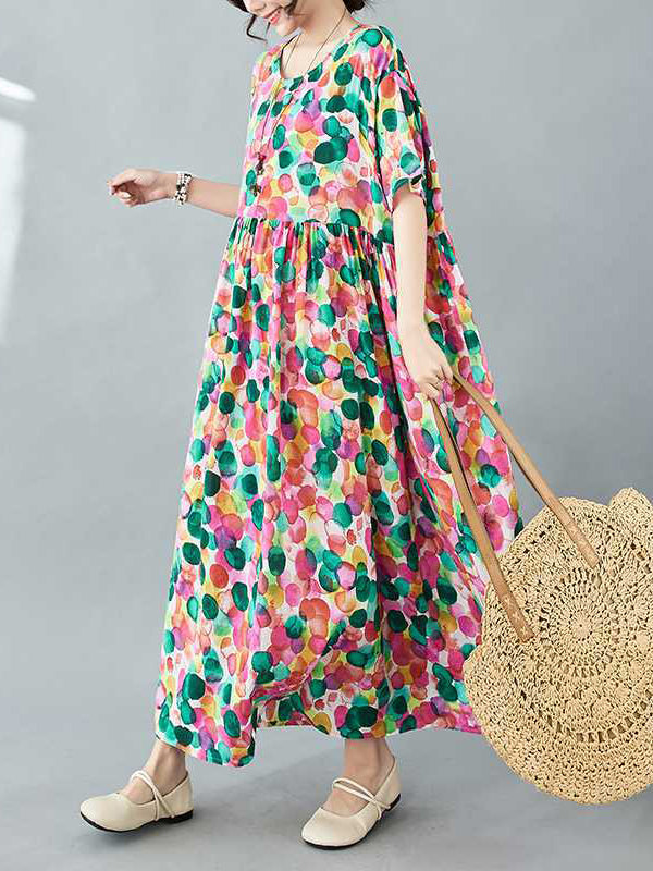 Half Sleeves Loose Pleated Polka-dot Printed Split-joint Round-neck Midi Dresses