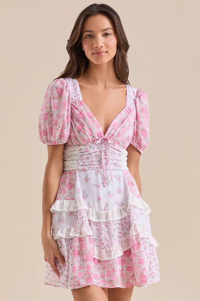 Lace Patchwork V Neck Puff Short Sleeve Mini Dress