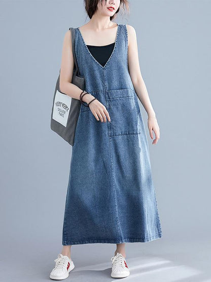 Loose Sleeveless Denim V-neck Midi Dress