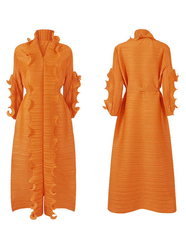 Original Loose Long Sleeves Tied Pleated Falbala Color V-neck Maxi Dresses