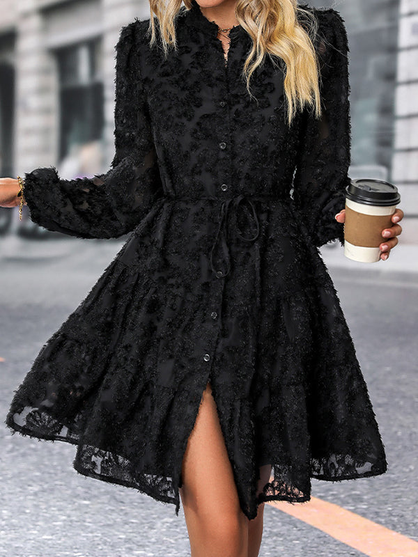 A-line Long Sleeves Buttoned Elasticity Jacquard Pleated Color Tied Waist Stand Collar Mini Dresses