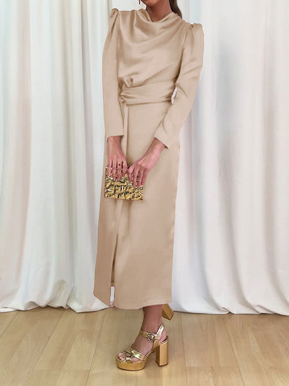 A-line High Waisted Pleated Color Split-front Mock Neck Maxi Dresses