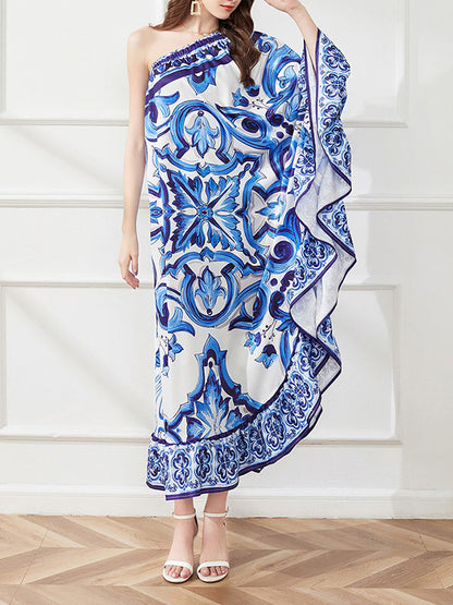 Batwing Sleeves Loose Asymmetric Falbala Printed One-shoulder Midi Dresses