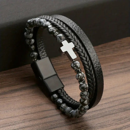 Luxurious Obsidian Cross Stainless Steel Bracelet