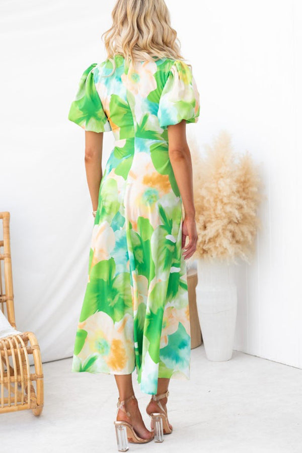 Sophia Print Satin Puff Sleeve Twist Bust Cutout Midi Dress