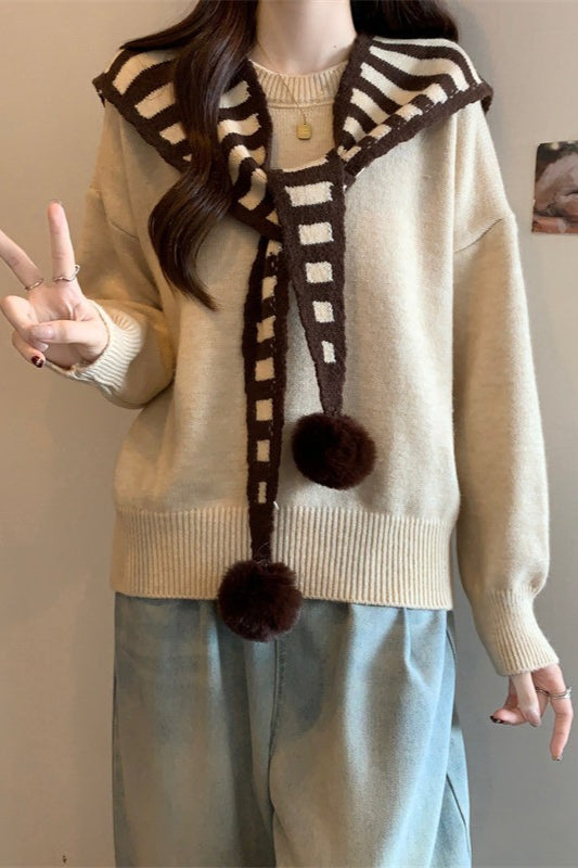 Striped Shawl Collar Pom Pom Sweater