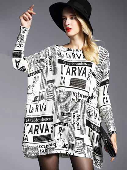 Loose One-shoulder Newspaper Printed Split-joint Sweater