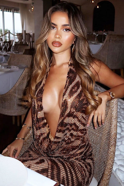 Printed Rhinestone Halter Backless Maxi Dress