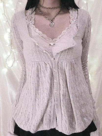 Beige Pointelle Square Neck Knit Cardigan