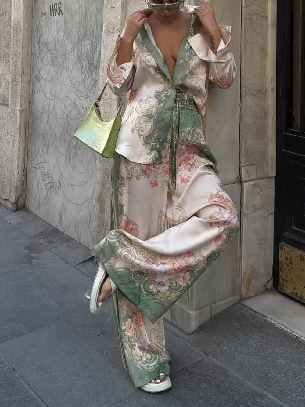 Unique Loose Printed Stretch Waist Wide Leg Pants