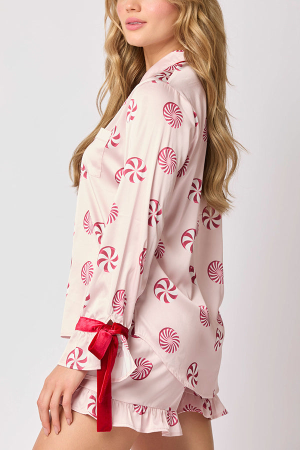 Christmas Printed Bow Tie Top and Elastic Waist Ruffle Shorts Set
