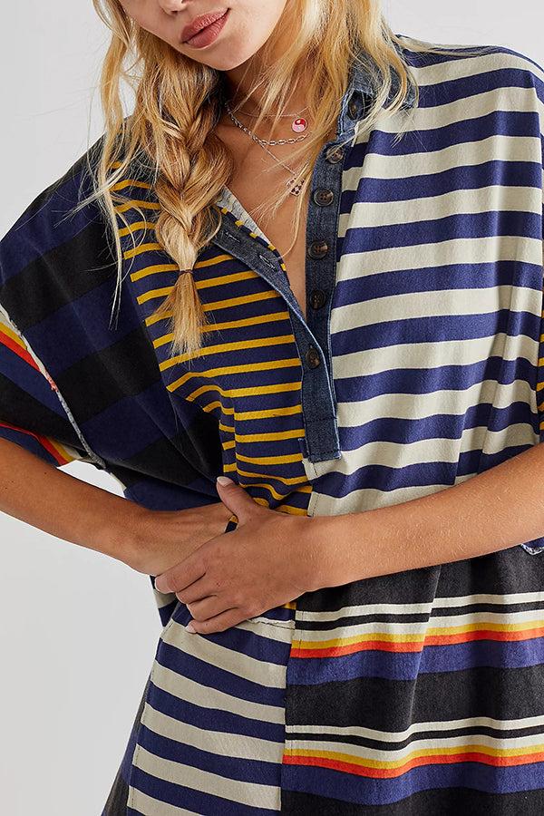 Contrast Striped Patchwork Denim Lapel Loose Mini Dress