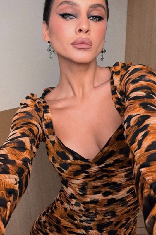 Leopard Print Square Neck Bodycon Maxi Dress