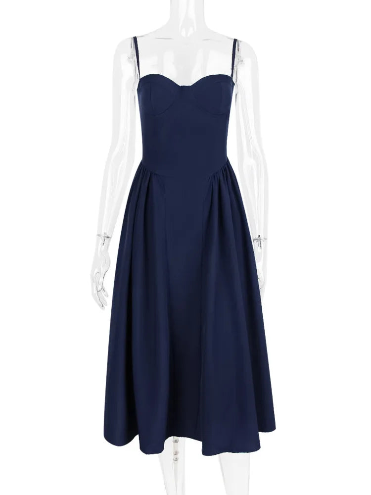 Spaghetti Strap Sleeveless A-line Midi Dress for Summer New Backless Pleated Slipdress Loose Dress