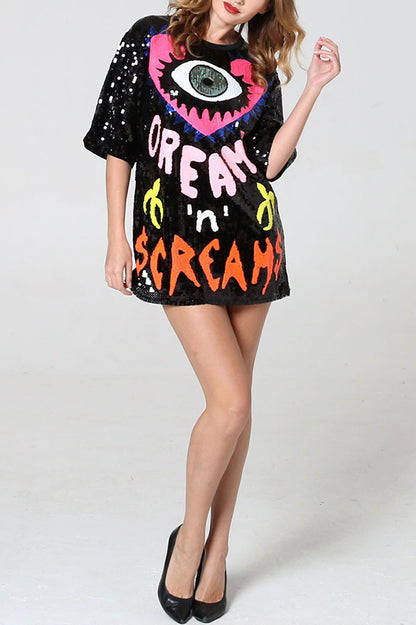 Love Eyes Letters Sequined Round Neck Short Sleeve Mid-length Loose T-shirt