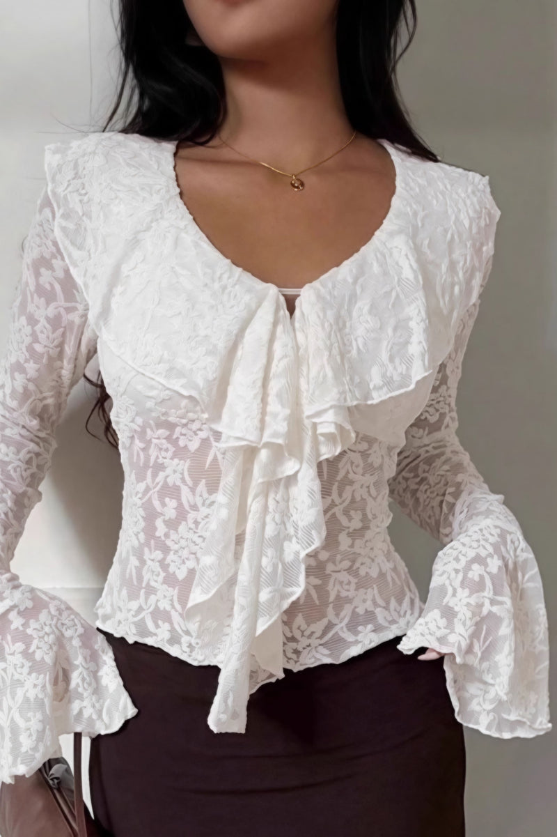 Design White Lace Flare Sleeve Blouse