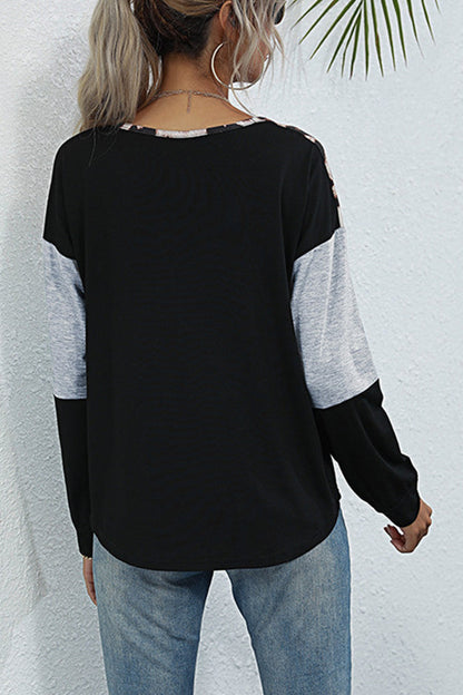 Long Sleeve Leopard Print Stitching T-shirt