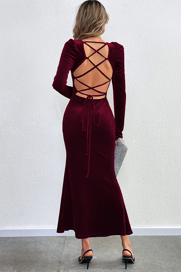 Velvet Long-sleeved Backless Slim Fit Fishtail Maxi Dress