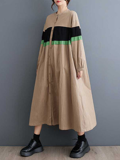 Long Sleeves Loose Buttoned Contrast Color Elasticity Split-joint Round-neck Midi Dresses