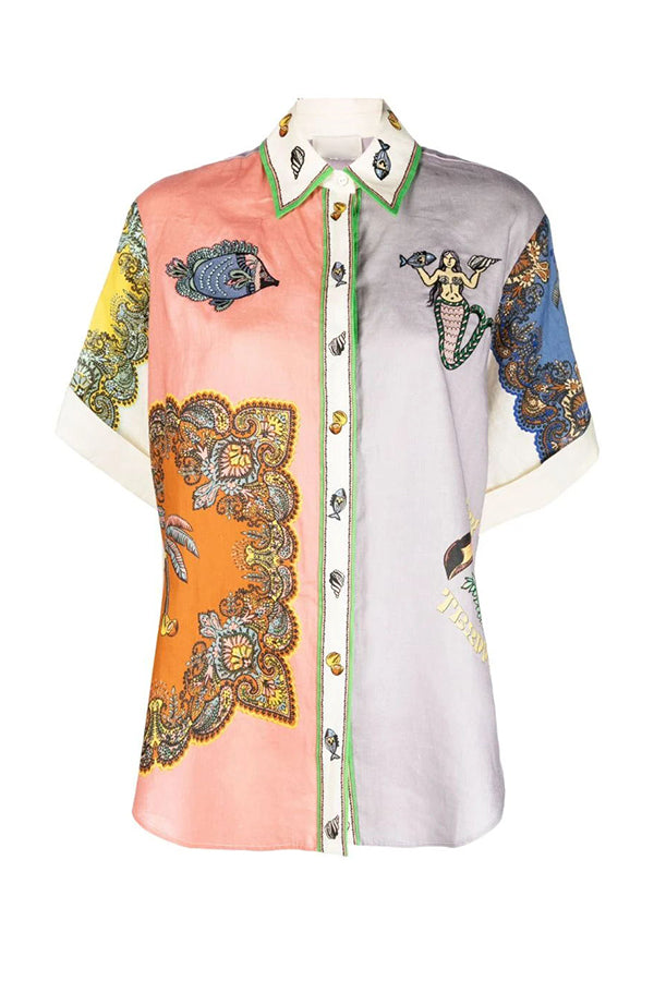 And Posh Linen Blend Mermaid Print Button Down Oversized Blouse