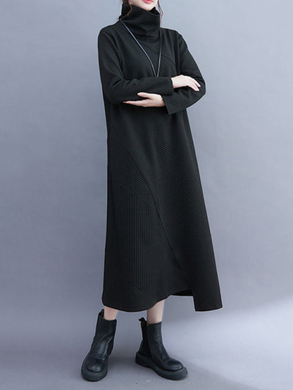 Irregularity Long Sleeves Color High-neck Midi Dresses