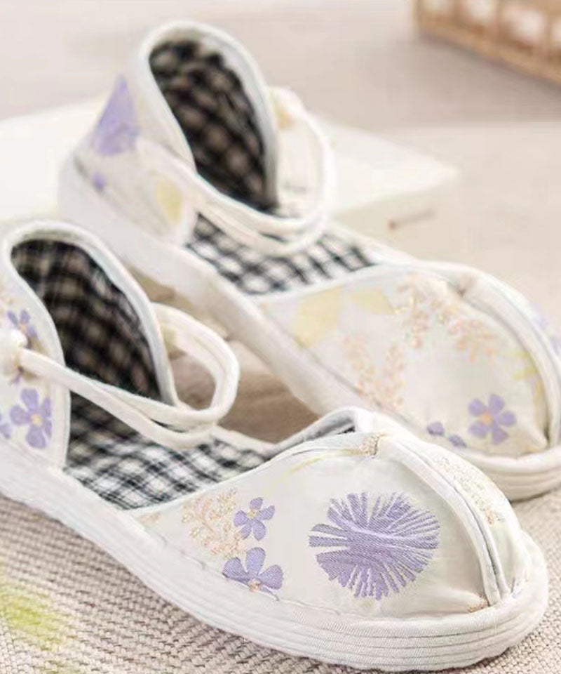 Green Flat Shoes for Cotton Fabric Splicing Buckle Strap Embroidery