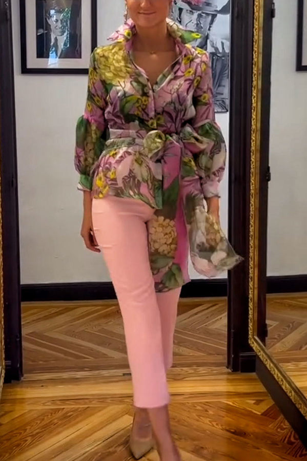 Seeds of Happiness Tulle Print Balloon Sleeve Belt Blouse