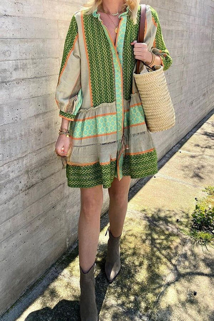 Vacation Style Print Button Loose Mini Dress