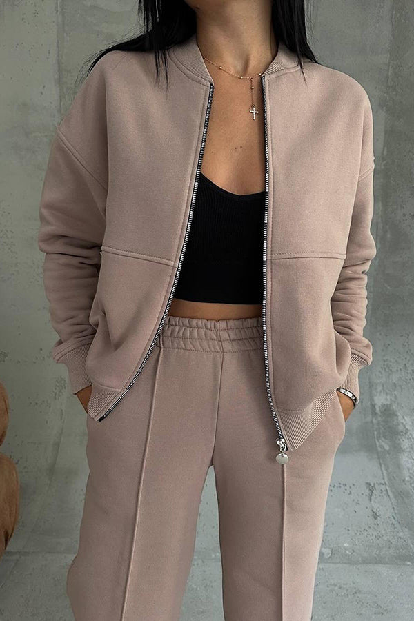Color Long Sleeve Zipper Jacket and Elastic Waist Pocket Wide Leg Pants Set