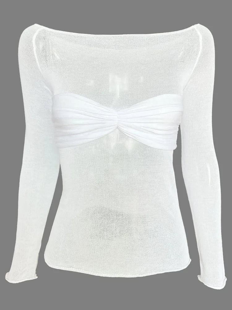 Long Sleeve Shoulder Gauze T-shirts Slim Versatile T-shirt Spring Female Off Shouler Tops
