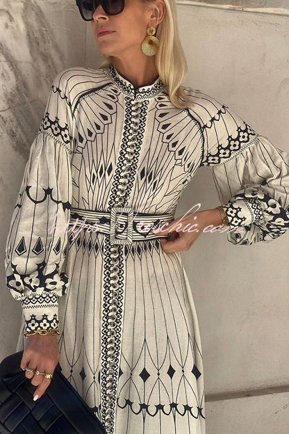 Perfect for Spring Linen Blend Print Button Balloon Sleeve Belted Shirt Midi Dress