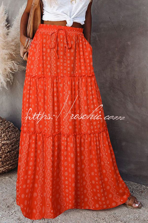 Print Stretch Elastic Waist Pocket High Waist Skirt