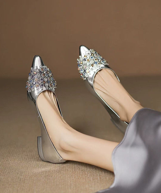 Zircon Splicing Flat Shoes Silver Sheepskin Pointed Toe