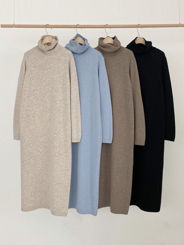 Long Sleeves Loose Color High-neck Sweater Dresses