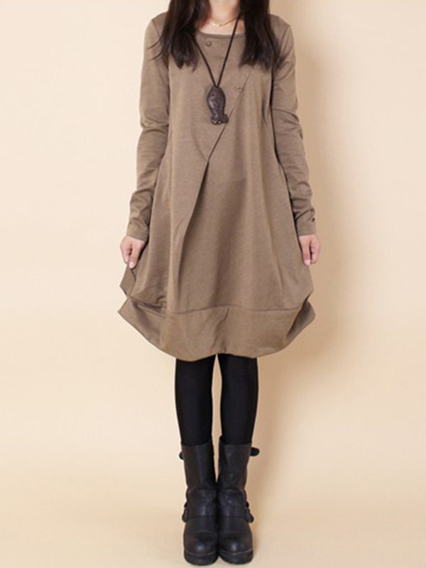 A-line Long Sleeves Pleated Color Round-neck Dresses Maxi Dresses