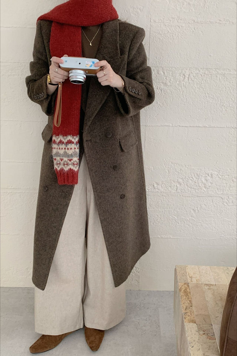 Notched Lapel Double-faced Wool Thickened Long Overcoat