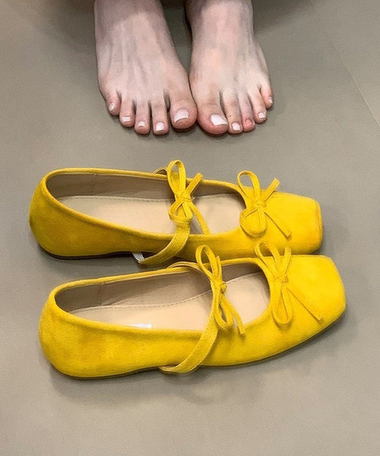 Bow Splicing Flat Feet Shoes Yellow Suede