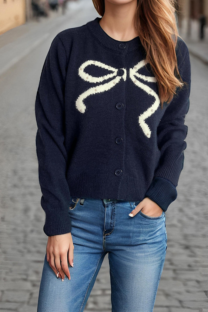Bow Jacquard Round Cardigan