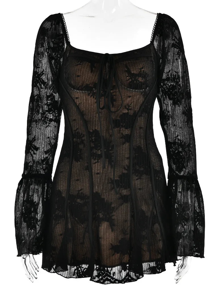 Julissa Mo Lac-up Square Neck Patchwork Long Sleeve Mini Dress Backless Slim Outfits