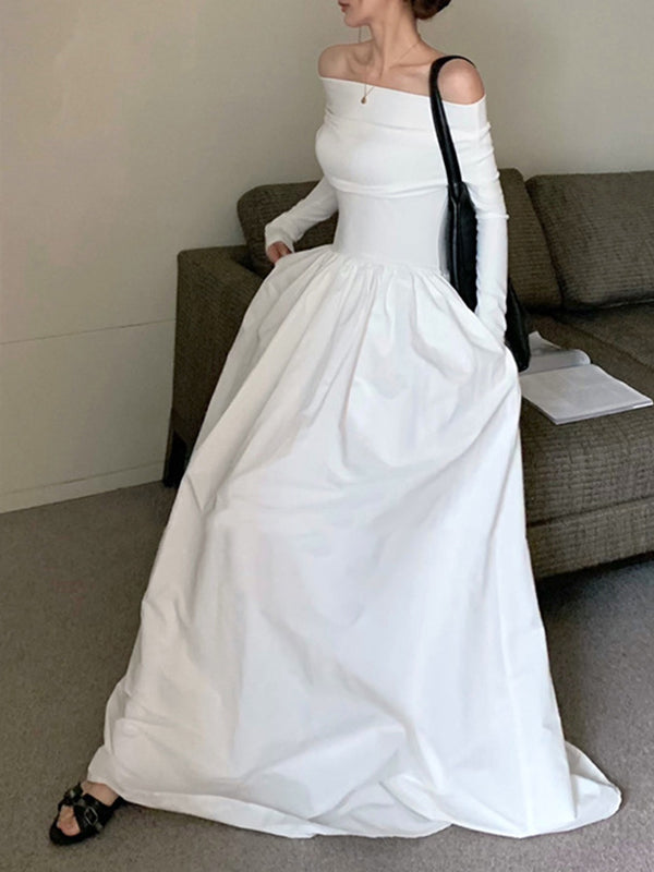 Long Sleeves Pleated Color Split-joint Off-the-shoulder Maxi Dresses