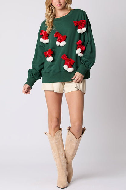 Christmas Bow Embellished Long-sleeved Sweatshirt