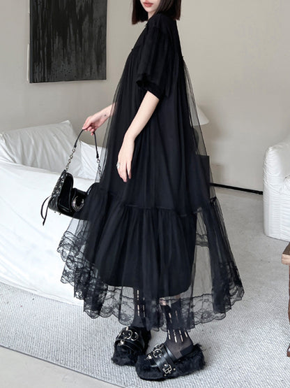 Fake Two-piece Loose Gauze Pleated Color Split-joint Tiered Round-neck Midi Dresses