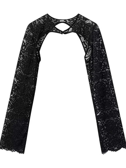 Black Lace Mini Dress ’s 2 Piece-set Shrug Hollow Out Printed Party Dress Sets Female See-through Dress