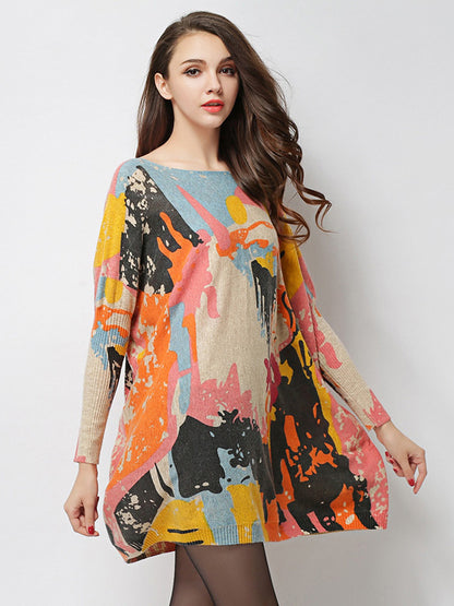 Wool Blend Contrast Color Printed Sweater