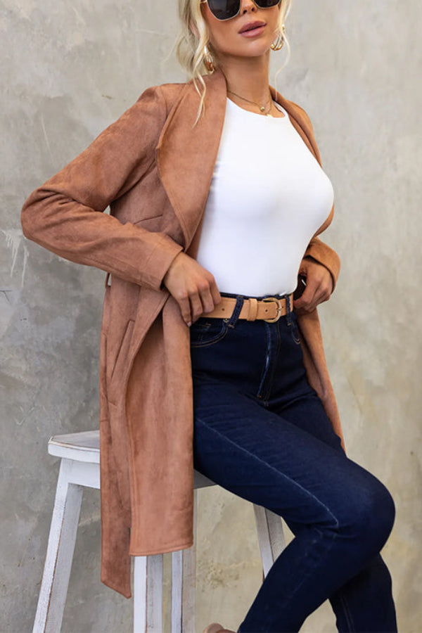 Collared Open Front Faux Suede Coat With Belt
