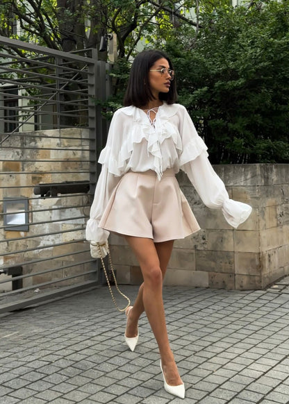 Isara - Ruffled Chiffon Blouse With Lace-up Neckline