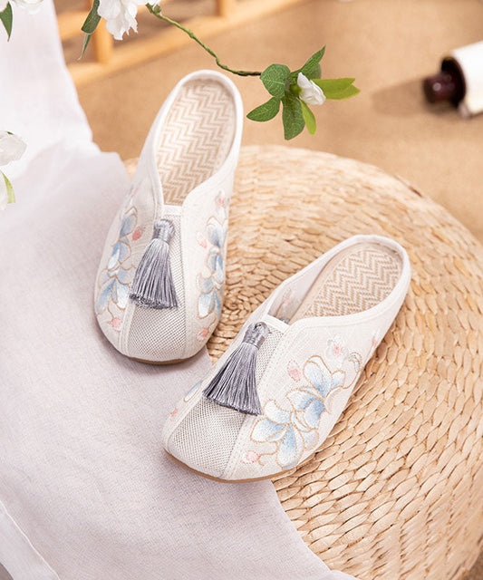 White Flat Slide Sandals Linen Fabric Embroidery Tassel
